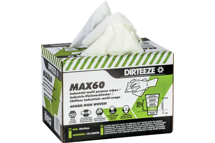 DIRTEEZE MAX60 STANDARD LIGHT DUTY WIPES 176 SHEETS X1 MAX60B176