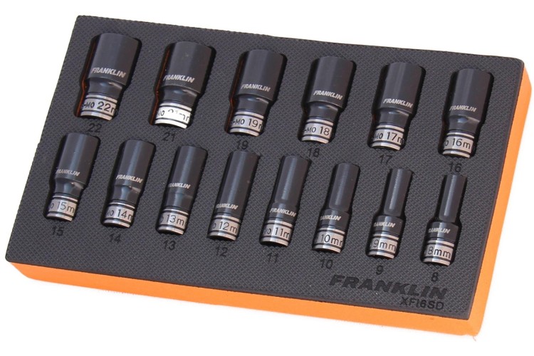 14 PIECE 6 POINT SEMI DEEP THIN WALL IMPACT SOCKET SET 3/8 DRIVE (FRANKLIN) 