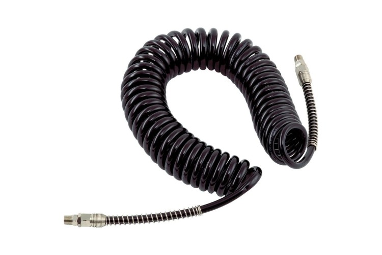 Polyurethane Coiled Hose Assembly, Black, 7.5m of 6.5mm i/d Hose, Male Thread R 1/4 Swivel Ends