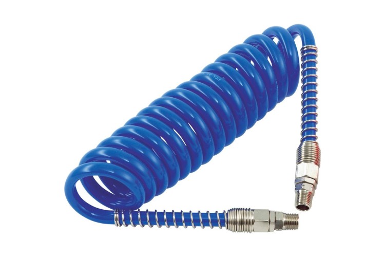 Polyurethane Coiled Hose Assembly, Blue, 10m of 10mm i/d Hose, Male Thread R 3/8 Swivel Ends