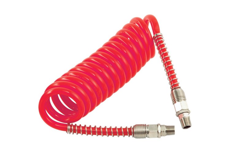 Polyurethane Coiled Hose Assembly, Red, 10m of 10mm i/d Hose, Male Thread R 3/8 Swivel Ends